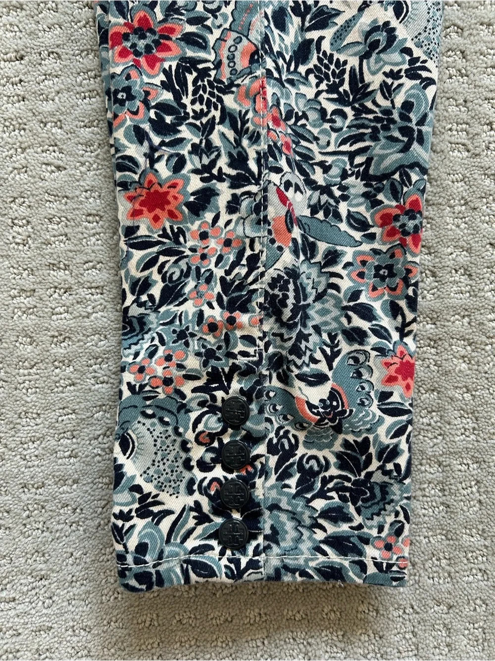 Tory Burch Floral Ankle Skinny Jeans - Navy, Coral & Cream